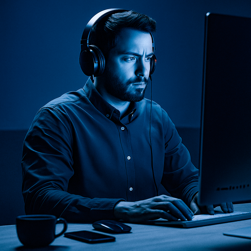 Homem de barba trabalhando no computador